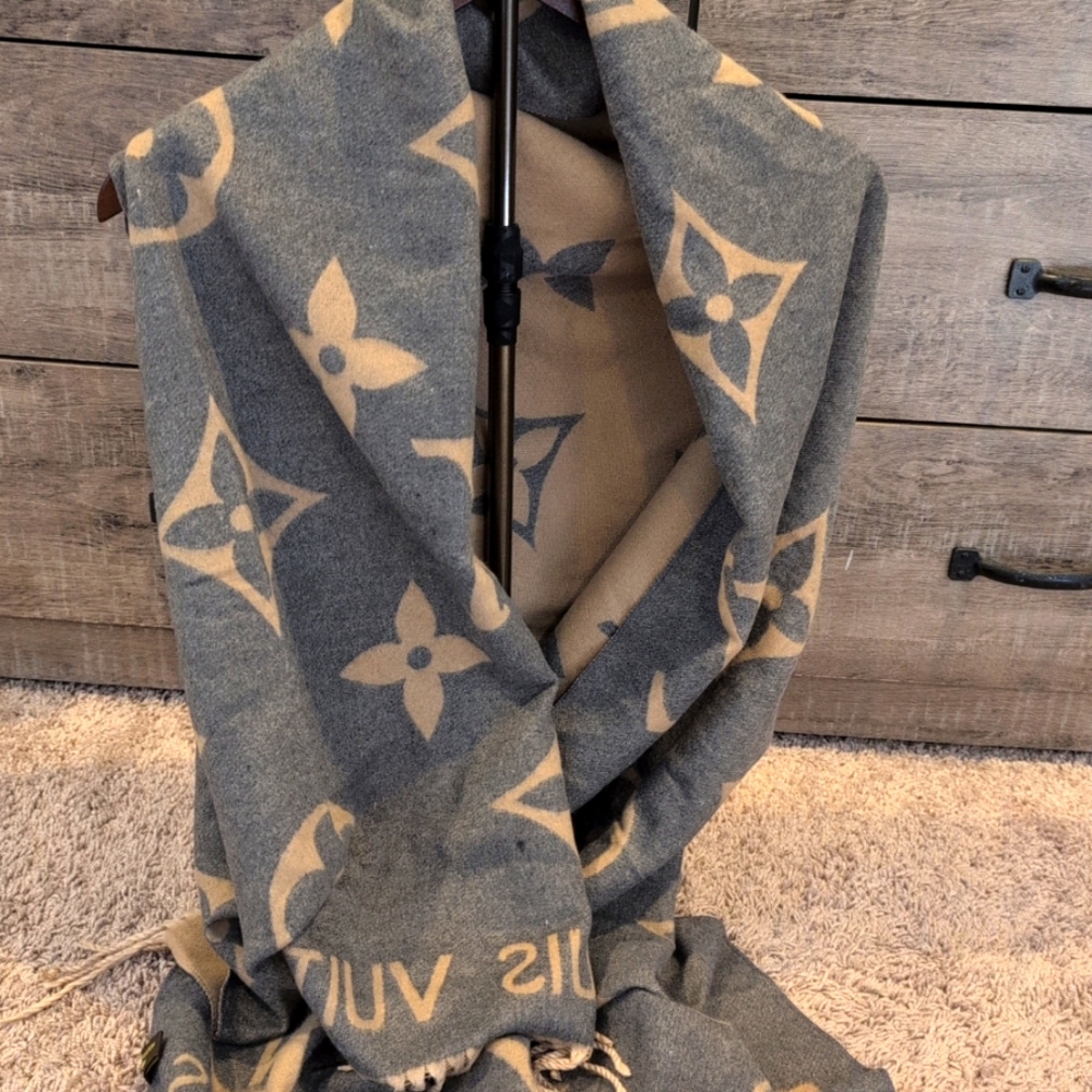 Gray and Tan Designer Scarf Lv
